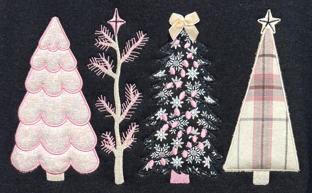 Chrismas Trees Appliqued Flannel Crewneck Sweatshirt-Embroidered