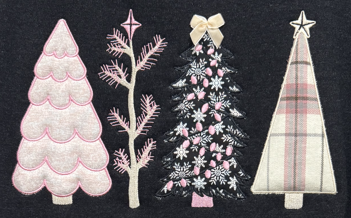 Chrismas Trees Appliqued Flannel Crewneck Sweatshirt-Embroidered