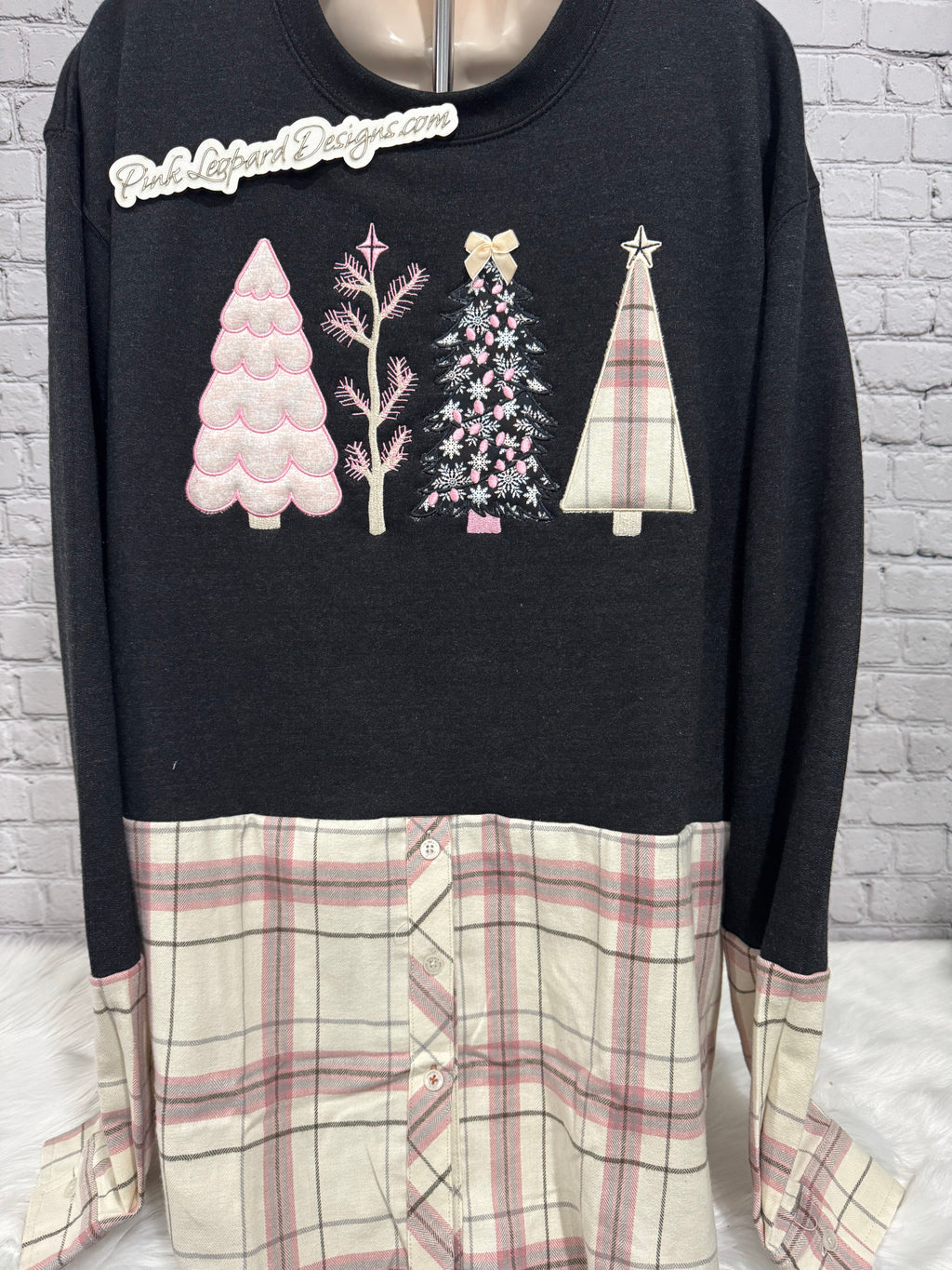 Chrismas Trees Appliqued Flannel Crewneck Sweatshirt-Embroidered