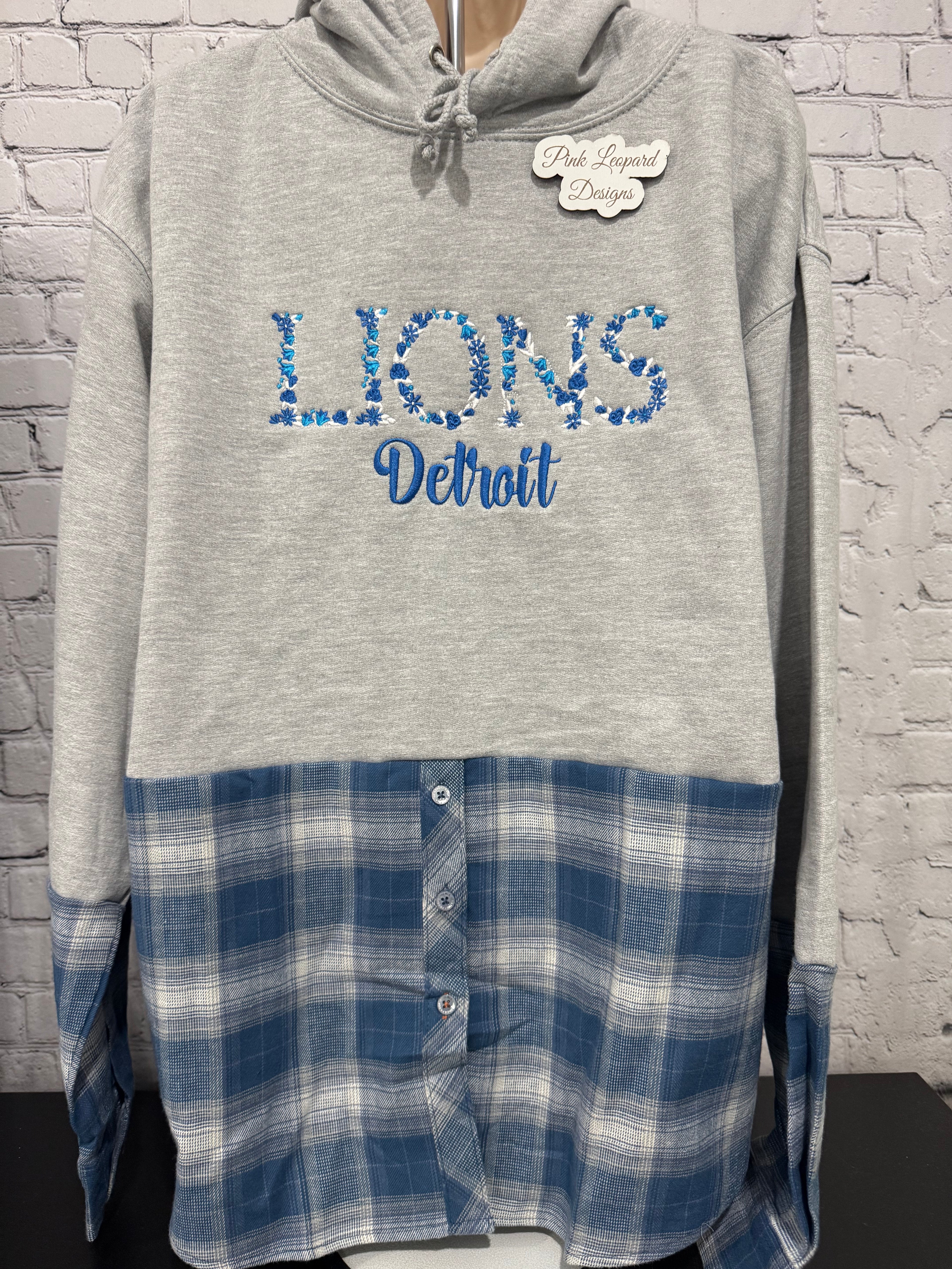 Lions Flannel Letter Motif Hooded Sweatshirt-Embroidered