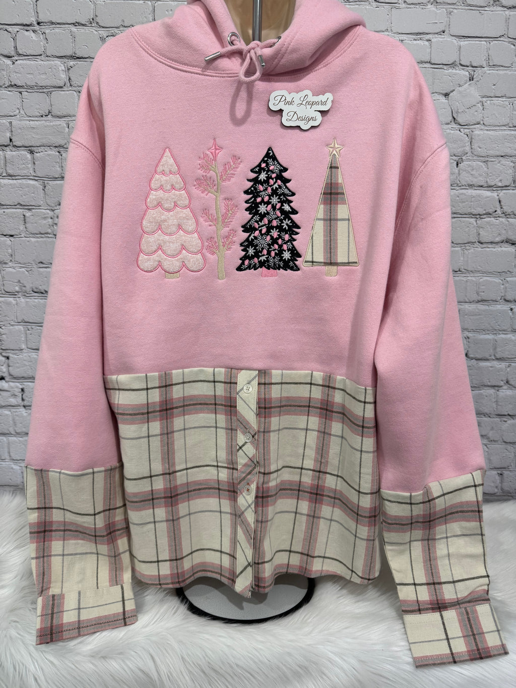 Chrismas Trees Appliqued Flannel Crewneck Sweatshirt-Embroidered