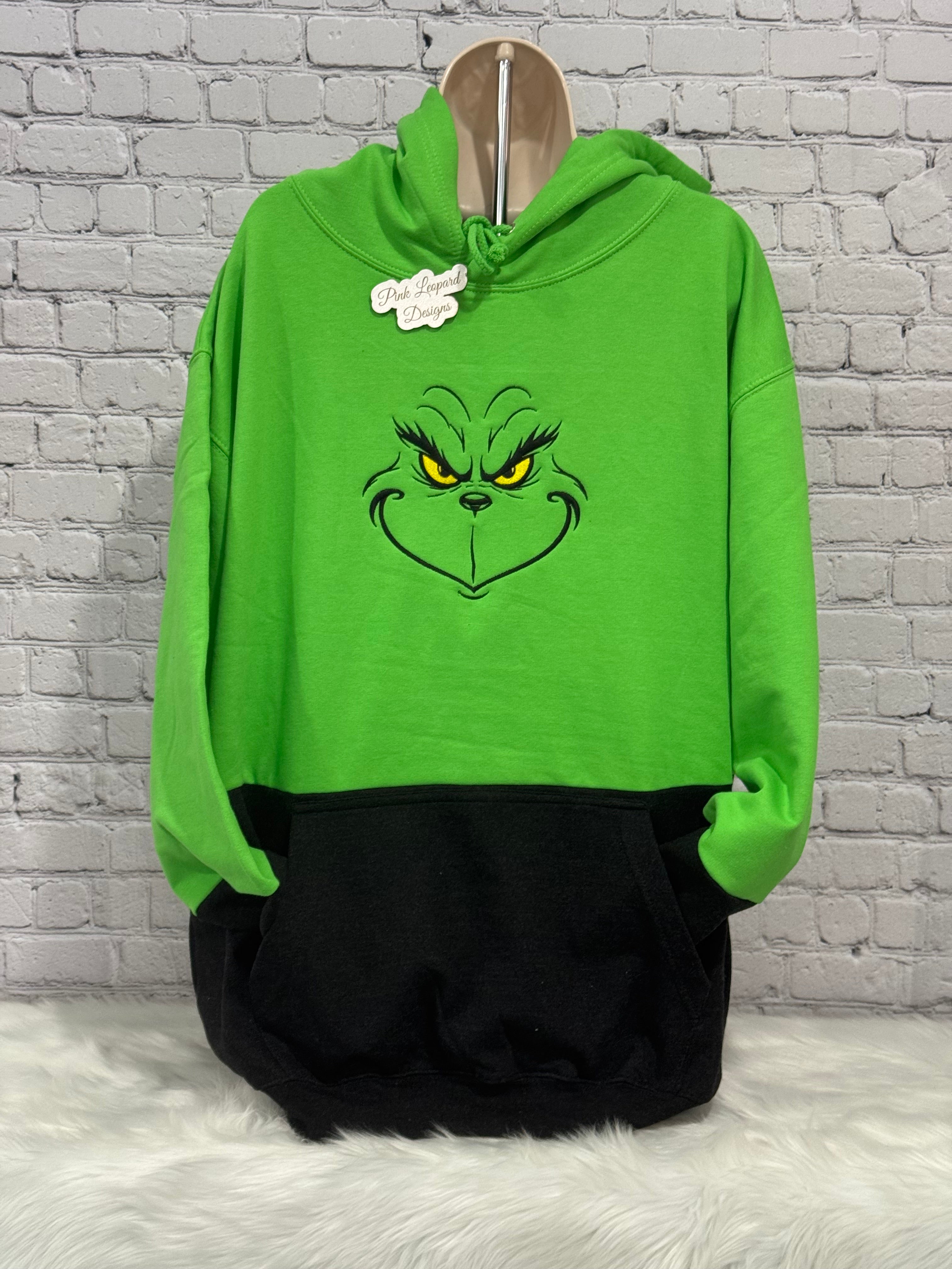 Grinch Face 2 color Hooded Sweatshirt-Embroidered