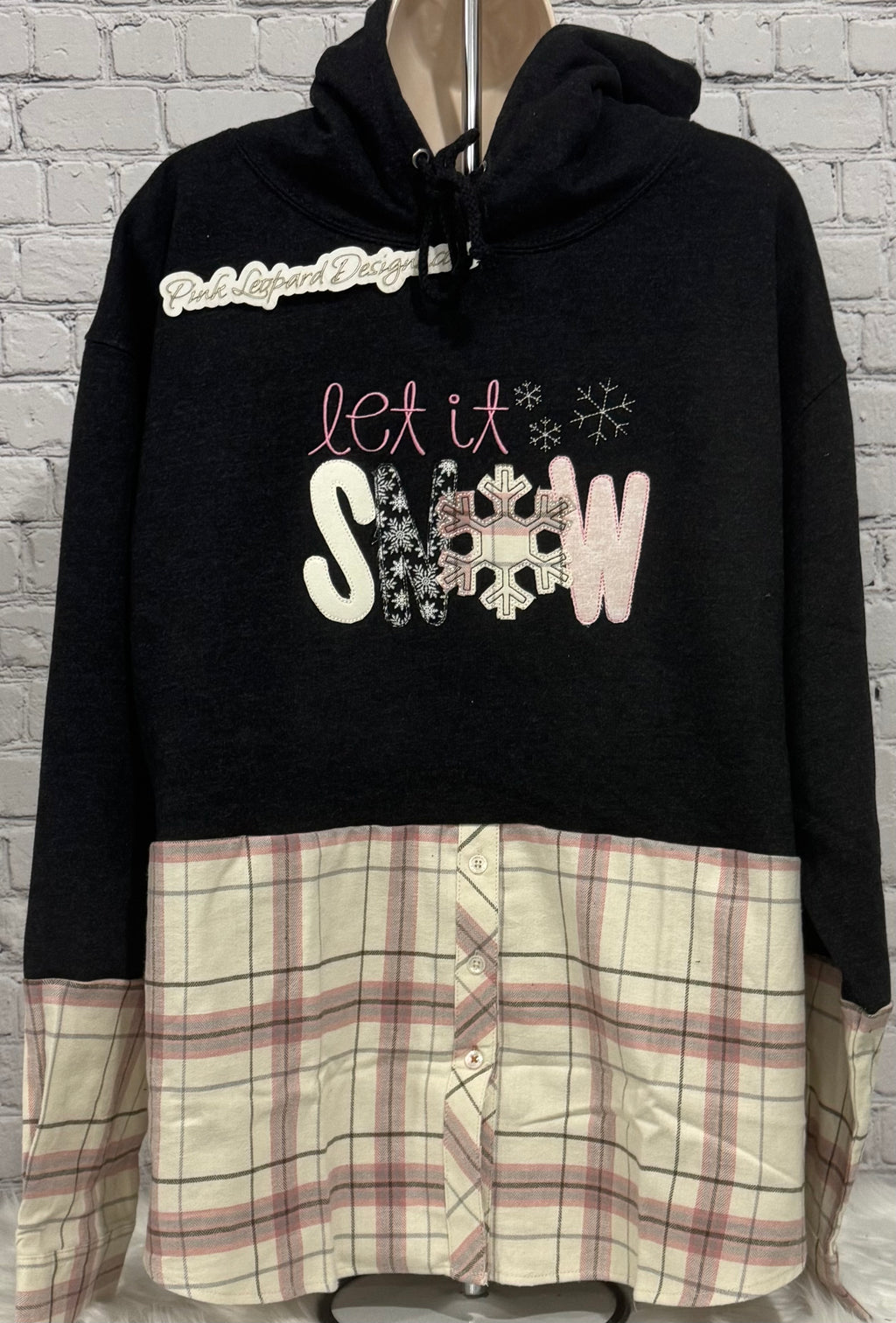 Pink Let It Snow Appliqued Flannel Hooded Sweatshirt-Embroidered