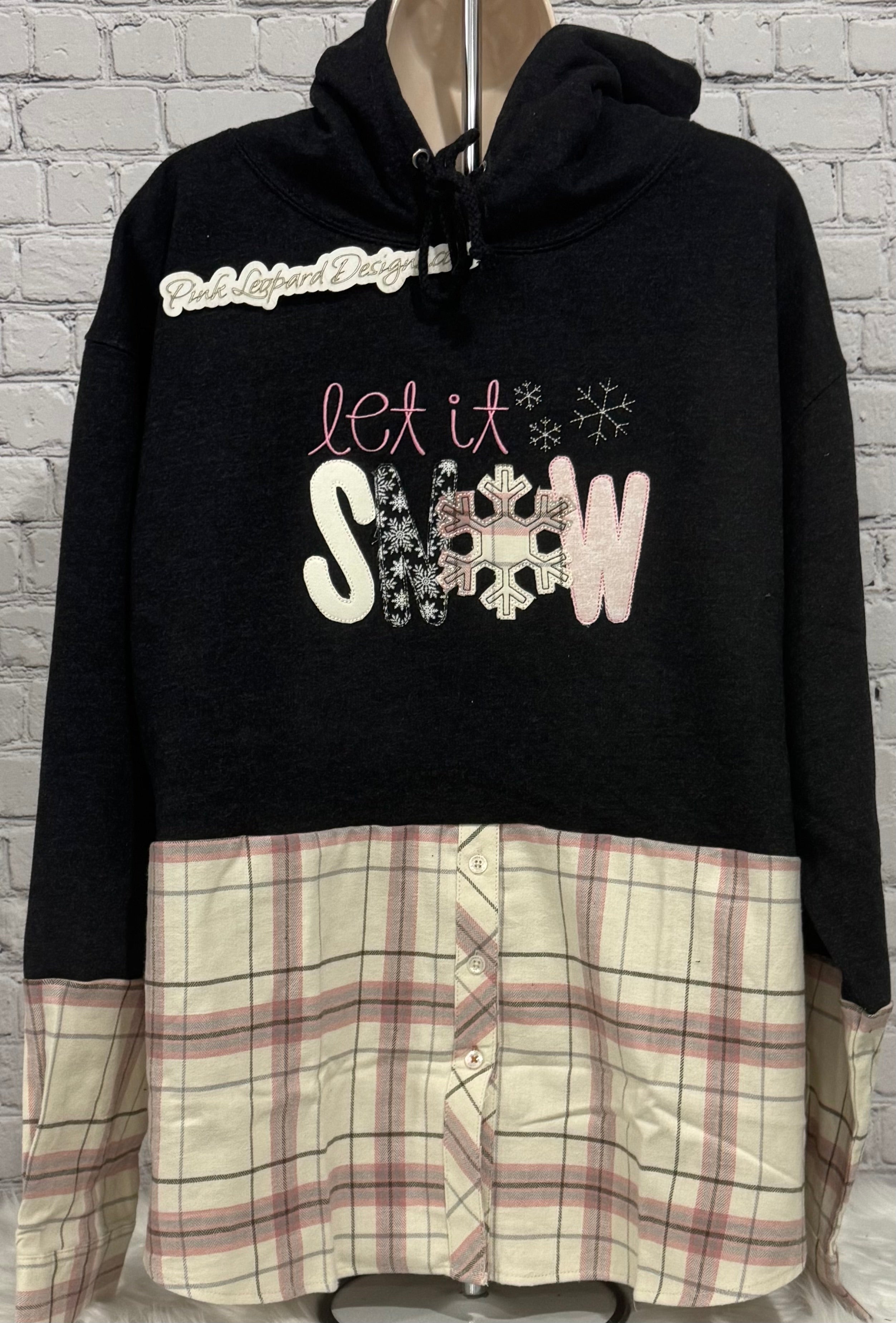 Pink Let It Snow Appliqued Flannel Hooded Sweatshirt-Embroidered
