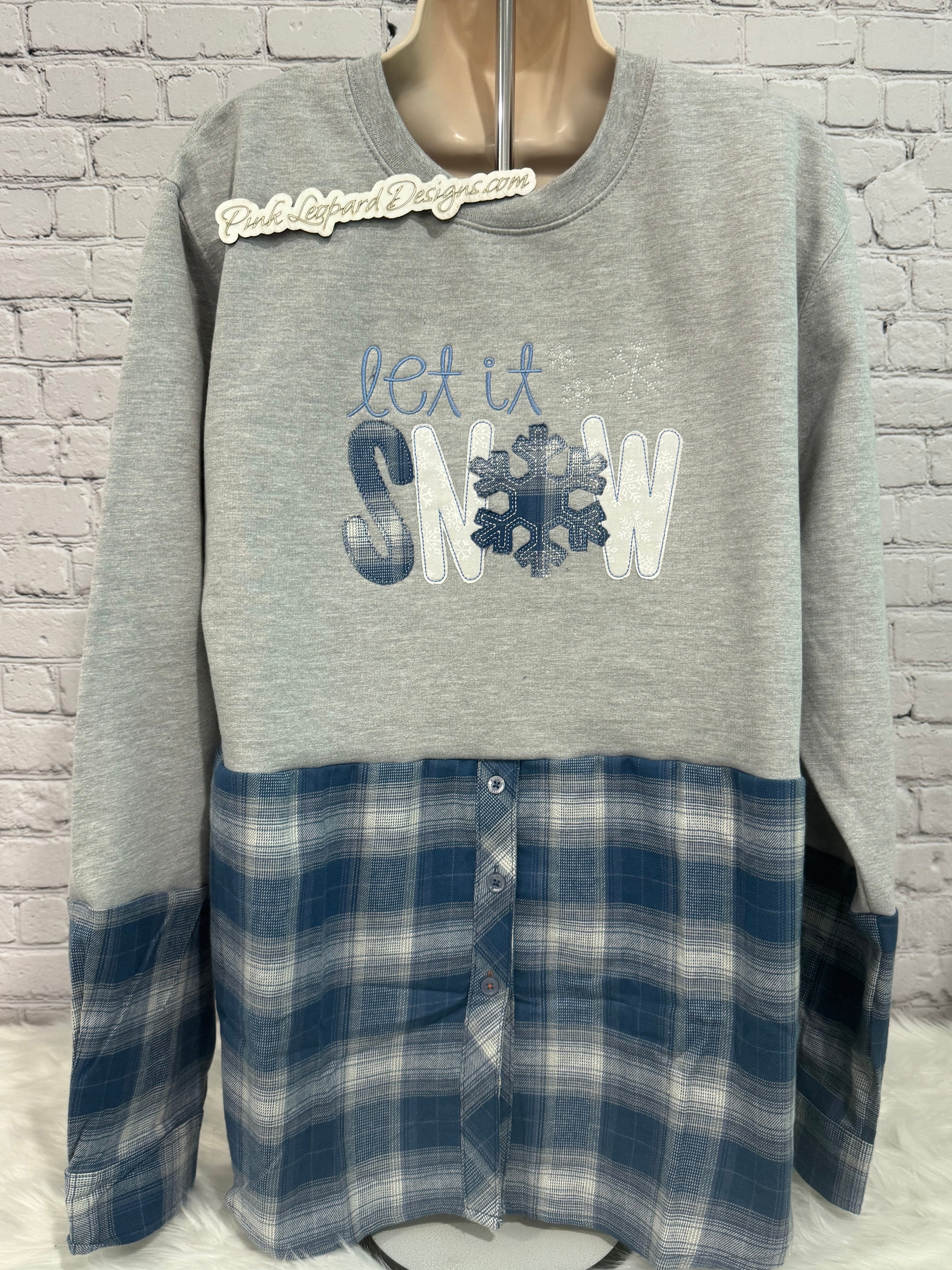 Blue Let It Snow Appliqued Flannel Crewneck Sweatshirt-Embroidered