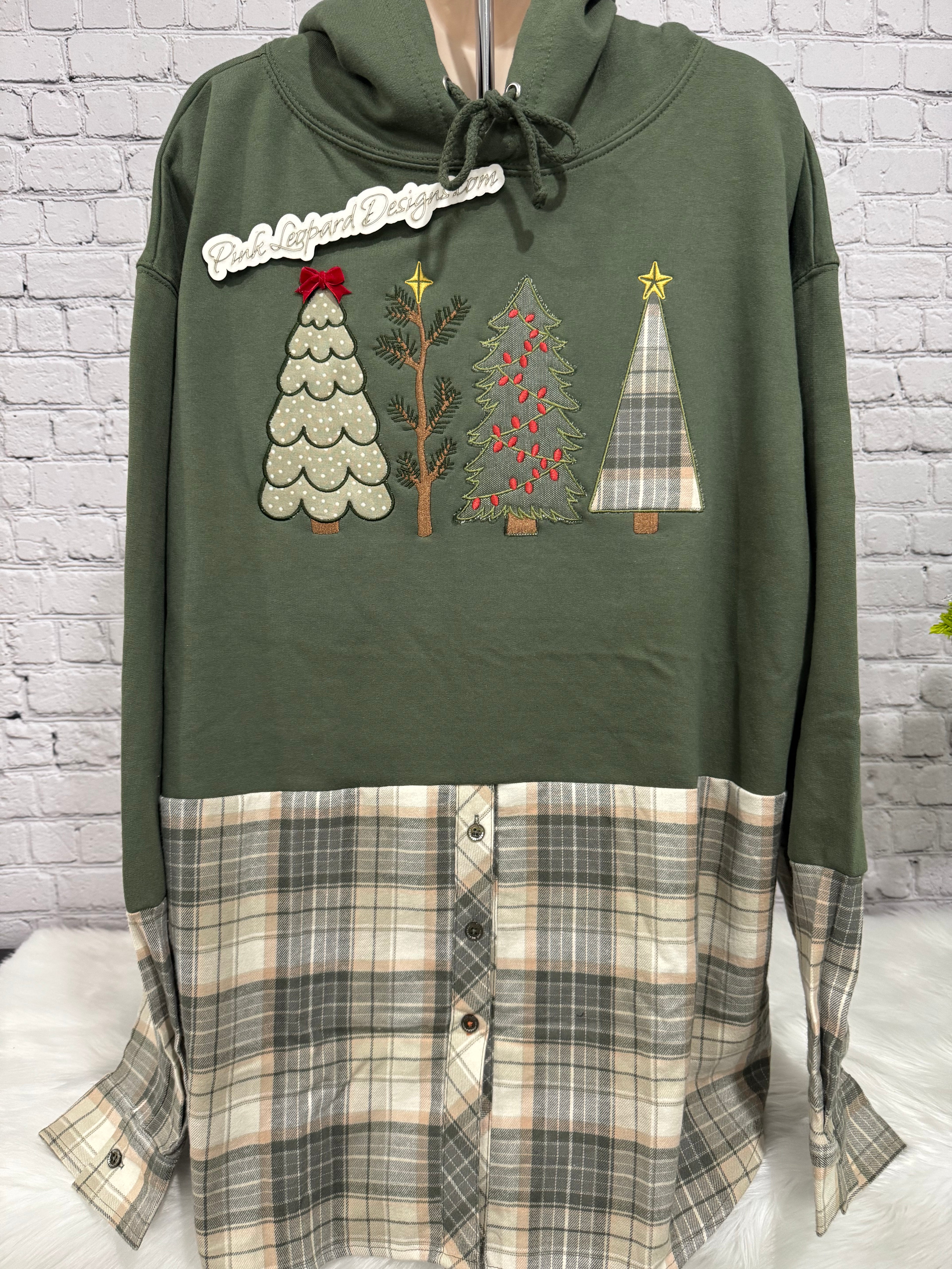 Chrismas Trees Appliqued Flannel Crewneck Sweatshirt-Embroidered